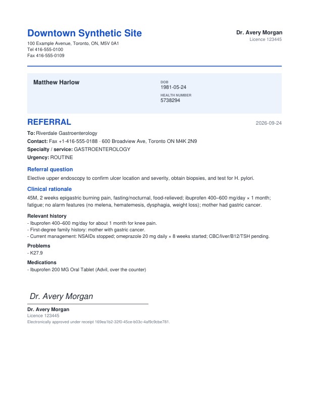 Referral letter to Riverdale Gastroenterology for an upper endoscopy